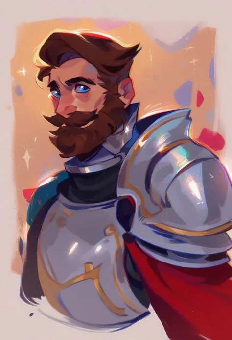 (score_9, score_8_up, score_7_up:1.2) BREAK 
1boy, solo, upper body, brown hair, short hair, beard, facial hair, mustache, blue eyes, smile, closed mouth, shoulder armor, pauldrons, male focus, armor, cape, looking at viewer, breastplate, mature male, plate armor, arm armor, manly