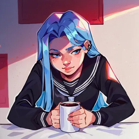 (score_9, score_8_up, score_7_up:1.2) source_anime BREAK woman, black serafuku, piercing, holding coffee mug, light blue hair, very long hair, traditional media,  <lora:epoch-000014:1>, track