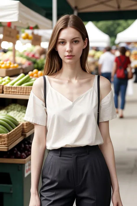 European woman, full_body , sandals, (shirt), pants, (farmer's market), [ZM_brittney:ZM_michelle], wide shoulders, perfect face, (contact iris: 1.1), pale skin, skin pores , depth of field