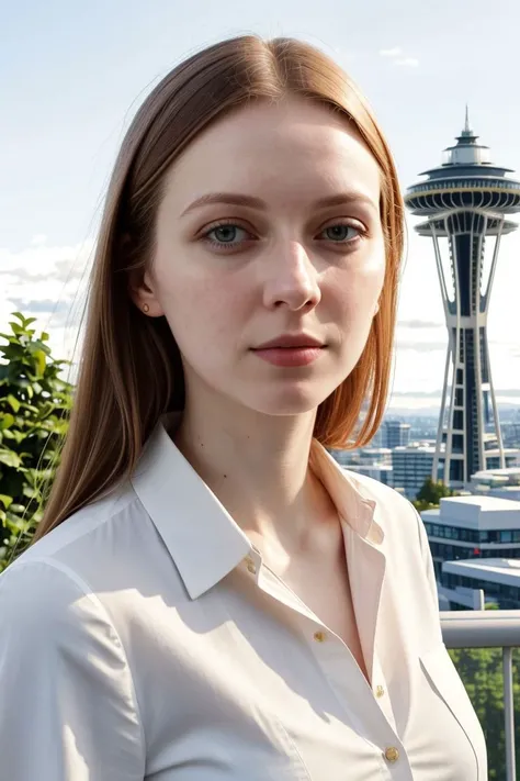 European woman, closeup, sandals, (shirt), pants, (seattle space needle), ([ZM_michelle:ZM_dina]: 1.1), perfect face, (contact iris: 1.1), pale skin, skin pores , depth of field