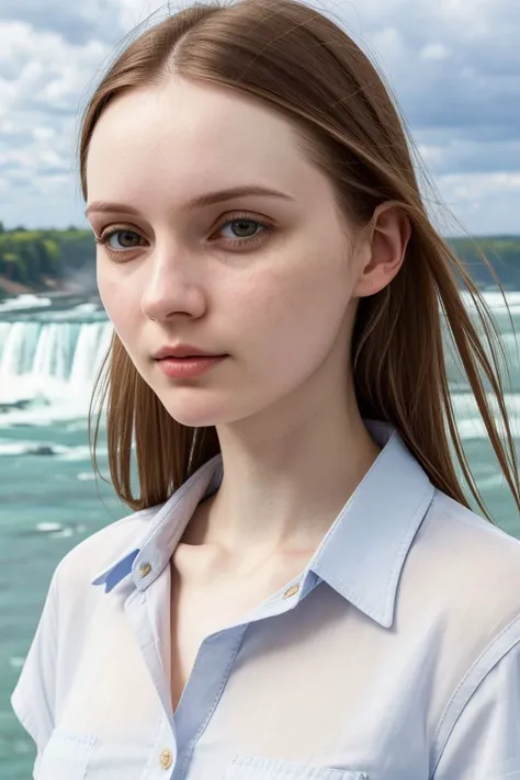 European woman, closeup, sandals, (shirt), pants, (niagara falls), ([ZM_michelle:ZM_laurie]: 1.1), perfect face, (contact iris: 1.1), pale skin, skin pores , depth of field