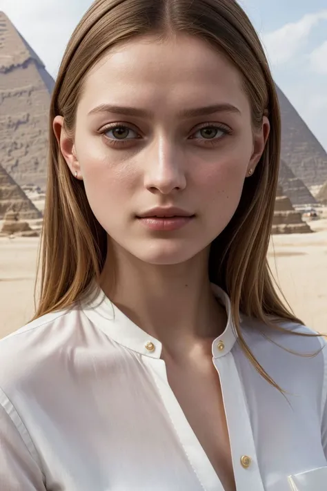 European woman, closeup, sandals, (shirt), pants, (egyptian pyramids), ([ZM_dina:ZM_caroline]: 1.1), perfect face, (contact iris: 1.1), pale skin, skin pores , depth of field