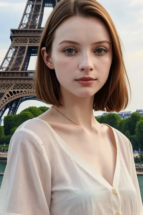 European woman, closeup, sandals, (shirt), pants, (eiffel tower), ([ZM_laurie:ZM_dina]: 1.1), perfect face, (contact iris: 1.1), pale skin, skin pores , depth of field