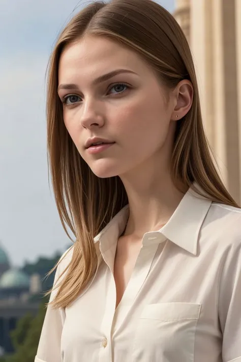 European woman, closeup, sandals, (shirt), pants, (us capitol), ([ZM_dina:ZM_elena]: 1.1), perfect face, (contact iris: 1.1), pale skin, skin pores , depth of field