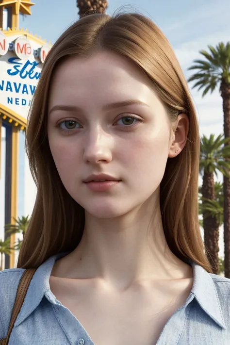 European woman, closeup, sandals, (shirt), pants, (las vegas strip), ([ZM_laurie:ZM_caroline]: 1.1), perfect face, (contact iris: 1.1), pale skin, skin pores , depth of field