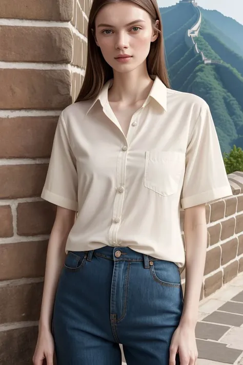 European woman, closeup, sandals, (shirt), pants, (great wall of china), ([ZM_dina:ZM_laurie]: 1.1), perfect face, (contact iris: 1.1), pale skin, skin pores , depth of field
