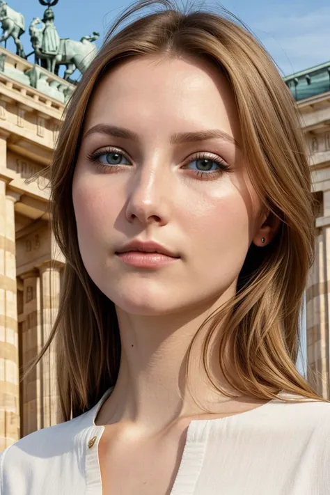 European woman, closeup, sandals, (shirt), pants, (brandenburg gate), ([ZM_laurie:ZM_elena]: 1.1), perfect face, (contact iris: 1.1), pale skin, skin pores , depth of field