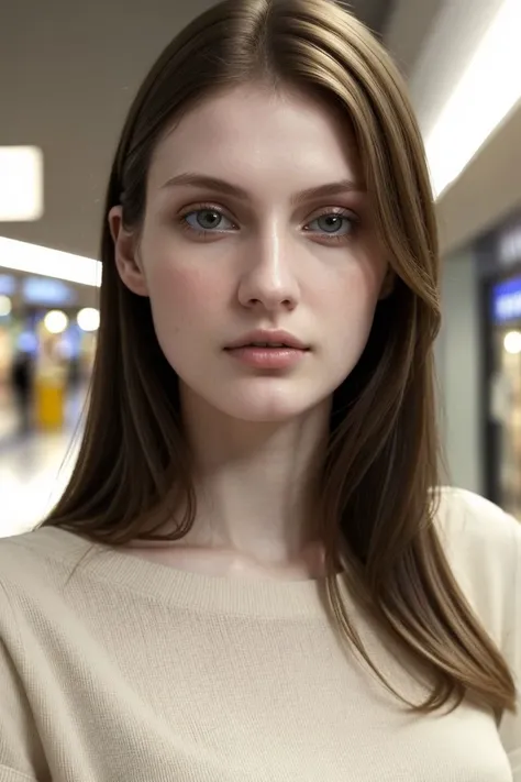 European woman, closeup, sandals, (shirt), pants, (shopping mall hallway), [ZM_christina:ZM_crystal], wide shoulders, perfect face, (contact iris: 1.1), pale skin, skin pores , depth of field