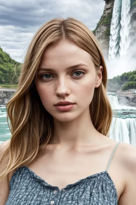 European woman, closeup, sandals, (shirt), pants, (niagara falls), [ZM_delphine:ZM_amy], wide shoulders, perfect face, (contact iris: 1.1), pale skin, skin pores , depth of field