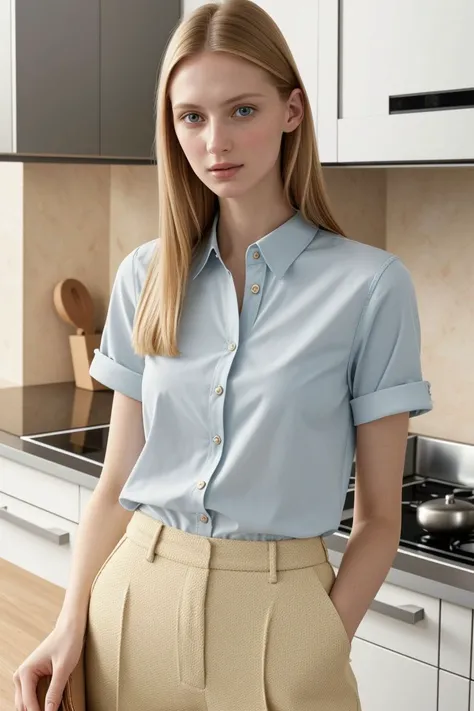 European woman, closeup, sandals, (shirt), pants, (kitchen), [ZM_antonia:ZM_laurie], wide shoulders, perfect face, (contact iris: 1.1), pale skin, skin pores , depth of field