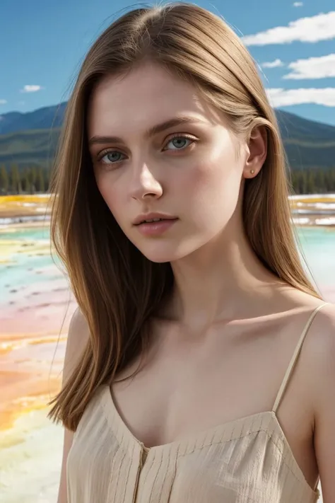 European woman, closeup, sandals, (shirt), pants, (yellowstone), [ZM_brittany:ZM_crystal], wide shoulders, perfect face, (contact iris: 1.1), pale skin, skin pores , depth of field