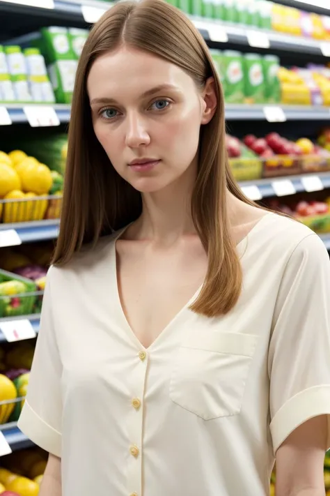 European woman, closeup, sandals, (shirt), pants, (grocery store), [ZM_nancy:ZM_nikita], wide shoulders, perfect face, (contact iris: 1.1), pale skin, skin pores , depth of field