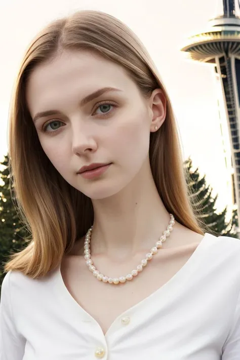 European woman, closeup, (shirt), pants, (seattle space needle), pearl necklace , [ZM_claudia : ZM_rose] , wide shoulders, perfect face, (contact iris: 1.1), pale skin, skin pores , depth of field