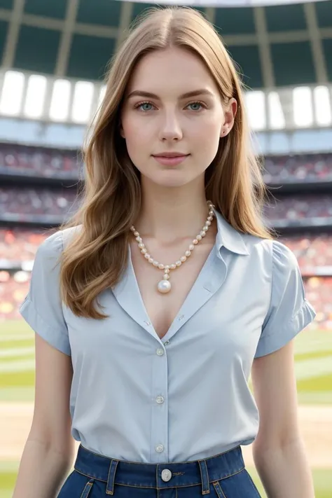 European woman, closeup, (shirt), pants, (at a stadium), pearl necklace , [ZM_rose : ZM_haley] , wide shoulders, perfect face, (contact iris: 1.1), pale skin, skin pores , depth of field