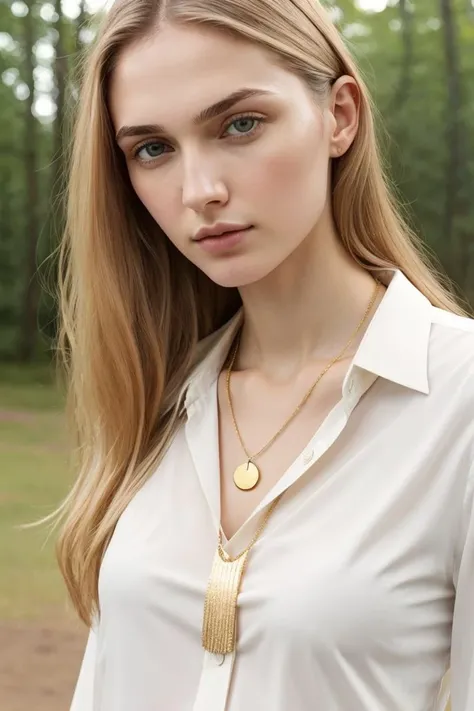European woman, closeup, (shirt), pants, (koa campground), gold necklace , [ZM_tammy : ZM_rosie] , wide shoulders, perfect face, (contact iris: 1.1), pale skin, skin pores , depth of field
