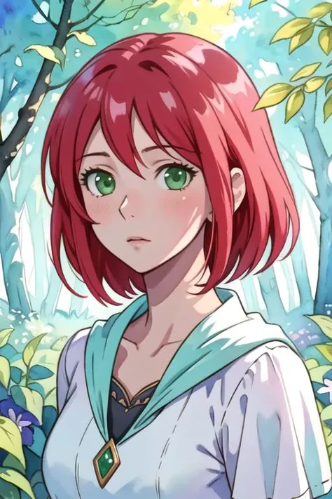 masterpiece, best quality, photorealistic, 1girl, solo, looking at viewer, upper body, depth of field, (watercolor illustration, soft pastel colors:1.1), , <lora:shirayuki-hime:0.74>, shirayuki-hime, red hair, green eyes, , An enchanted forest where magical creatures and plants abound, Blu-ray