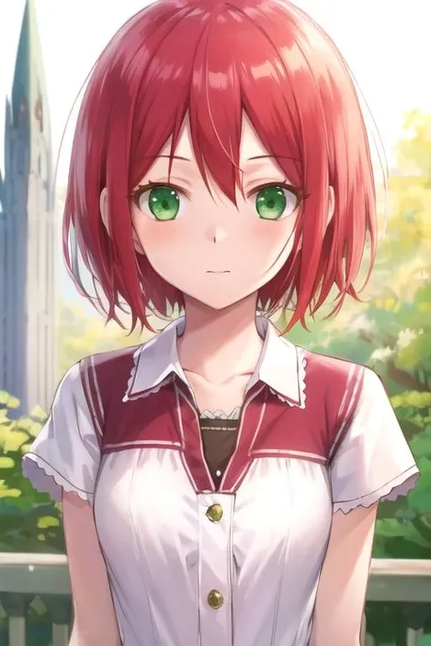 masterpiece, best quality, sketch, 1girl, solo, looking at viewer, upper body, depth of field, , , <lora:shirayuki-hime:0.66>, shirayuki-hime, red hair, green eyes, , minaret,