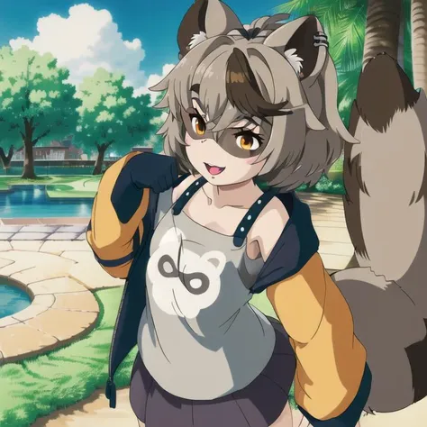 <lora:Snuffy:1>  ghibli style, cell shading, Snuffy, raccoon girl, raccoon tail, masterpiece, best quality, CG, wallpaper, HDR, high quality, high-definition, extremely detailed, (1girl:1.5), close up, solo, dynamic pose, full body, small breast, (cute face,(:d)), hair ribbon, black ribbon, glowing eyes, oversized clothes, orange jacket, hdr, [semi-realistic:1.2:20], len flare, ray tracing, light, cloud,sky ,depth of field, city background <lora:studioGhibliStyle_offset:1>