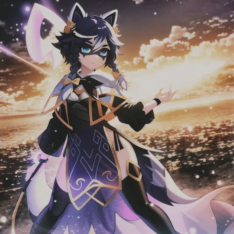 <lora:SnuffyR:1>, raccoon girl, raccoon tail, masterpiece, best quality, CG, wallpaper, HDR, high quality, high-definition, extremely detailed, close up, solo, dynamic pose, full body, small breast, cute face, hair ribbons, glowing eyes, oversized clothes, elaborate dress, hdr, [semi-realistic:1.2:20], len flare, ray tracing, light, cloud, sky,depth of field,