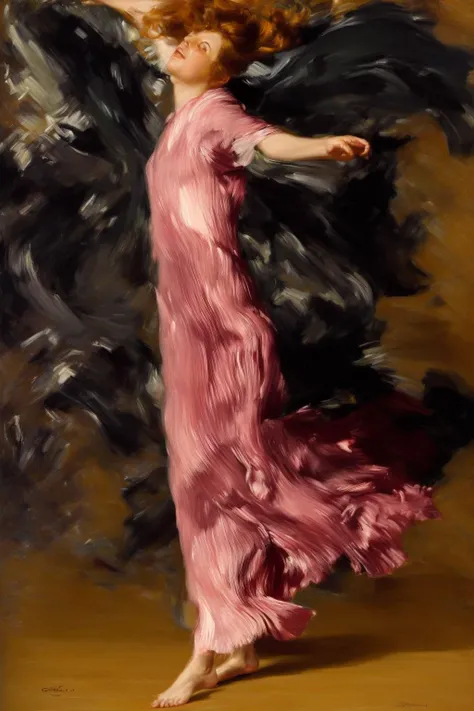 painting by Giovanni Boldini of a slender lithe redhead, big breasts, hair in messy bun, jewelry, wearing extra long Fortuny dress, boat neck, short sleeves, leaping and dancing with a man on the dance floor, dynamic pose, detailed face, kinetic brushstrokes <lora:fortuny:1>