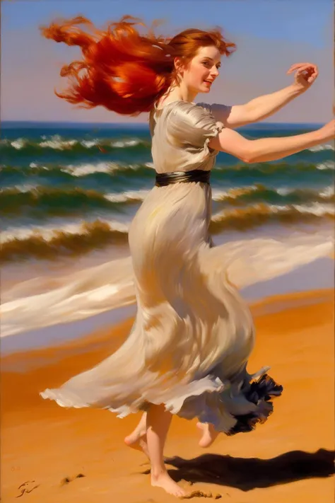 painting by Giovanni Boldini of a slender  redhead, big breasts,  hair in messy bun, jewelry,  wearing long Fortuny dress running and  frollicking on the beach, dynamic pose, detailed face, brushstrokes, kinetic <lora:fortuny:1>