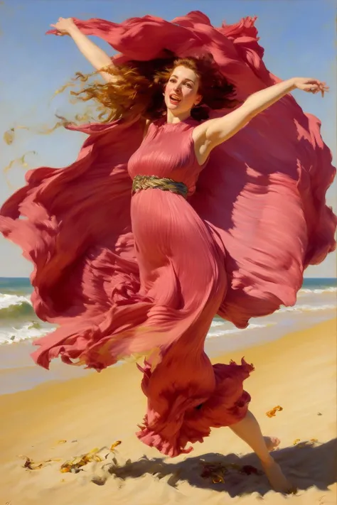 painting by Giovanni Boldini of a slender  redhead, big breasts,  hair in messy bun, jewelry,  wearing long Fortuny dress running and  frollicking on the beach, dynamic pose, detailed face, brushstrokes, kinetic <lora:fortuny:1>