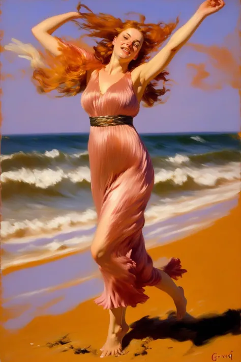 painting by Giovanni Boldini of a slender redhead, big breasts, hair in messy bun, jewelry, wearing long Fortuny dress running and frollicking on the beach, dynamic pose, detailed face, brushstrokes, kinetic <lora:fortuny:1>
