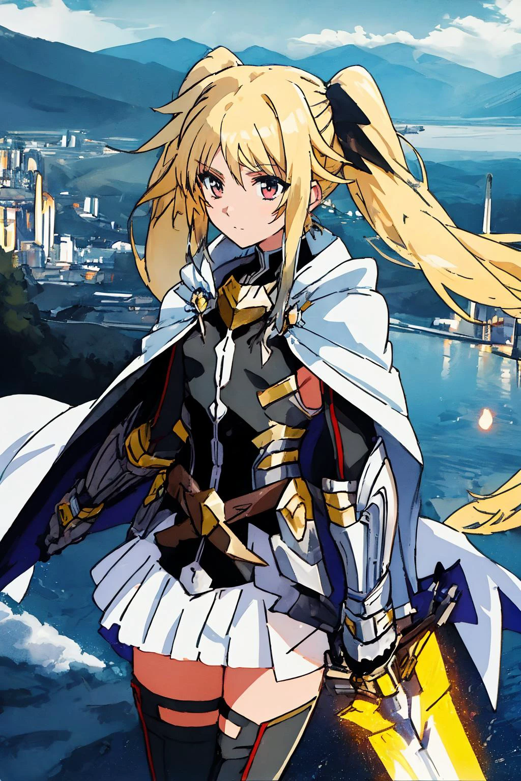 fate,1girl,super fine illustration,masterpiece,best quality,solo,cape,thighhighs,energy sword,landscape in town,cowboy_shot, twintails,
<lora:fate_v2:0.9>