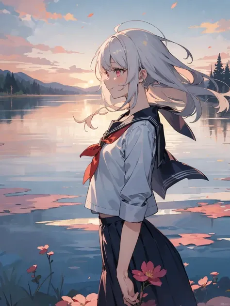 (finely best quality illustration:1.1), photorealistic background, 8K, textless version, BREAK solo, 1girl walking_on_lake, profile, (early teen, mesugaki:1.2), perfect anatomy, white hair, undercut, silky hair, pink eyes, looking_away, smile, small breasts, school_uniform, serafuku, outdoors, flowing clouds and blue sky, bloom, lake, mirror surface, from side,