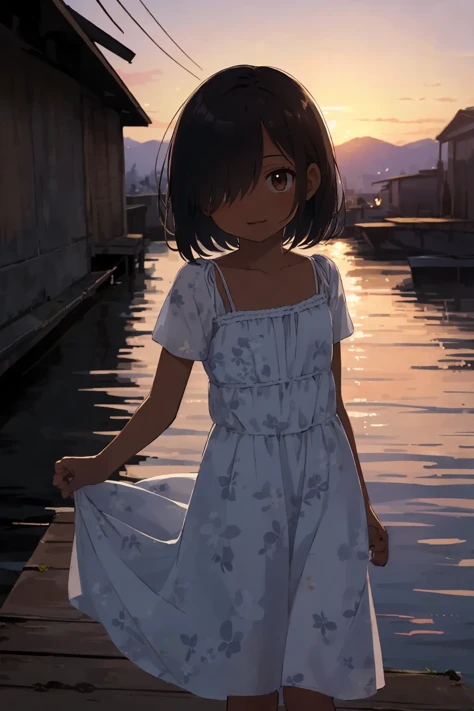(finely best quality illustration:1.1),
(foreground in focus, background blurred), (blurred background), (post-apocalypse:1.1),
outdoors, twilight, concrete embankment, sea, prostitution,
vietnamese, solo, , 1Girl stabding on dock,
perfect anatomy, (brown_skin:1.1),
small_breasts, collarbone,
black hair,
hair over one eye,
brown eyes, (narrowed_eyes:1.15), looking at viewer,
long eyelashes,
light smile,
one_point_floral_pattern white maxi dress, short sleeves,
BREAK
close-up,
from below, best quality,