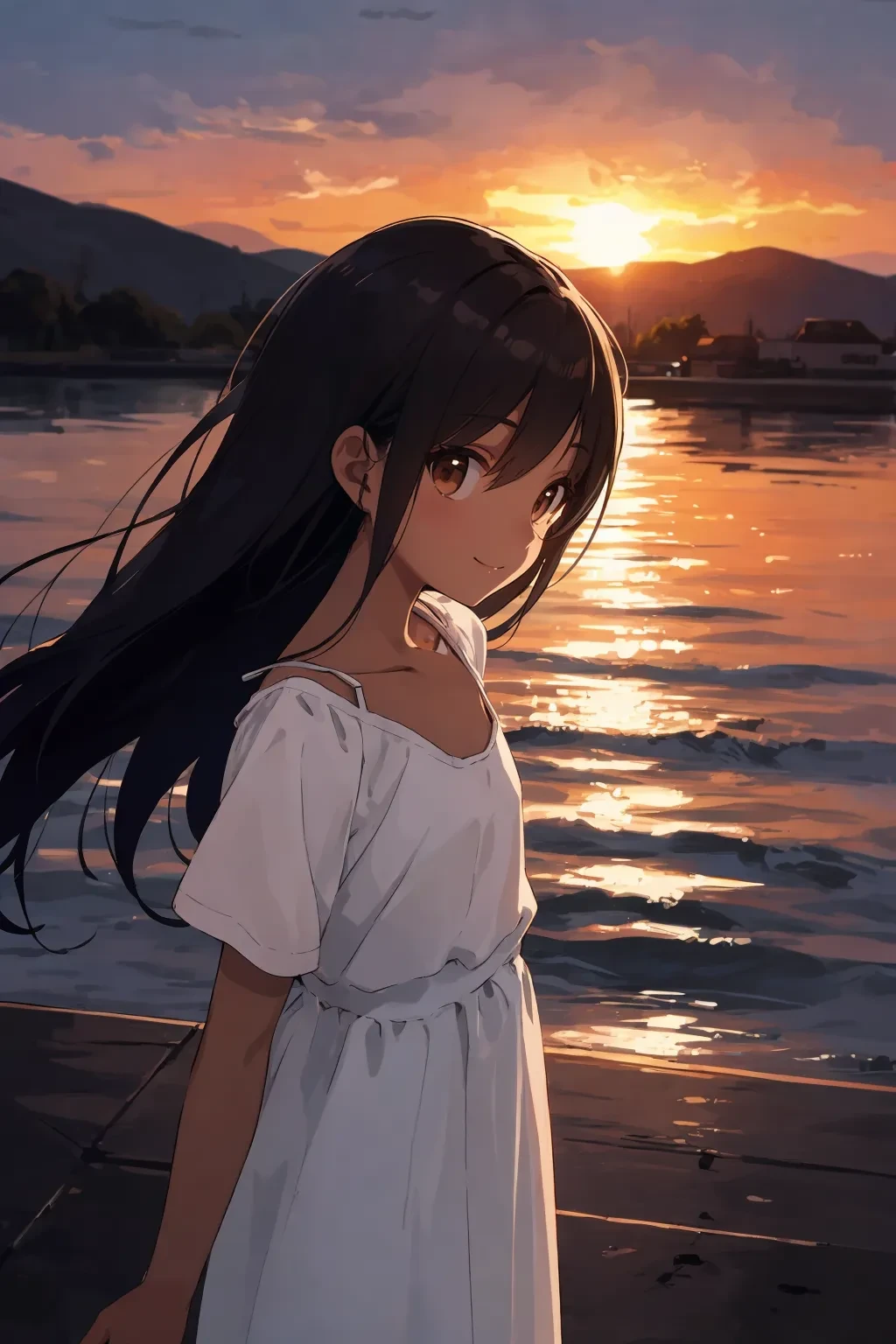 (finely best quality illustration:1.1),
(foreground in focus, background blurred), (blurred background), (post-apocalypse:1.1),
outdoors, sunset, concrete embankment, sea, prostitution,
vietnamese, solo, , 1Girl stabding on dock,
perfect anatomy, (brown_skin:1.1),
small_breasts, collarbone,
black hair,
long hair,
brown eyes, (narrowed_eyes:1.15), looking at viewer,
long eyelashes,
light smile,
simple white maxi dress, short sleeves,
BREAK
close-up,
from side, best quality,