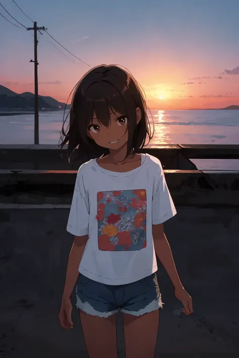 (finely best quality illustration:1.1),
(foreground in focus, background blurred), (blurred background), (post-apocalypse:1.1),
outdoors, sunset, concrete embankment, sea, prostitution,
vietnamese, solo, ****, 1Girl stabding on dock,
perfect anatomy, (brown_skin:1.1),
small_breasts, collarbone,
black hair,
wavy medium hair,
brown eyes, (narrowed_eyes:1.15), looking away,
long eyelashes,
grin,
print floral pattern white t-shirt, short denim shorts, short sleeves,
BREAK
close-up,
from below, best quality,