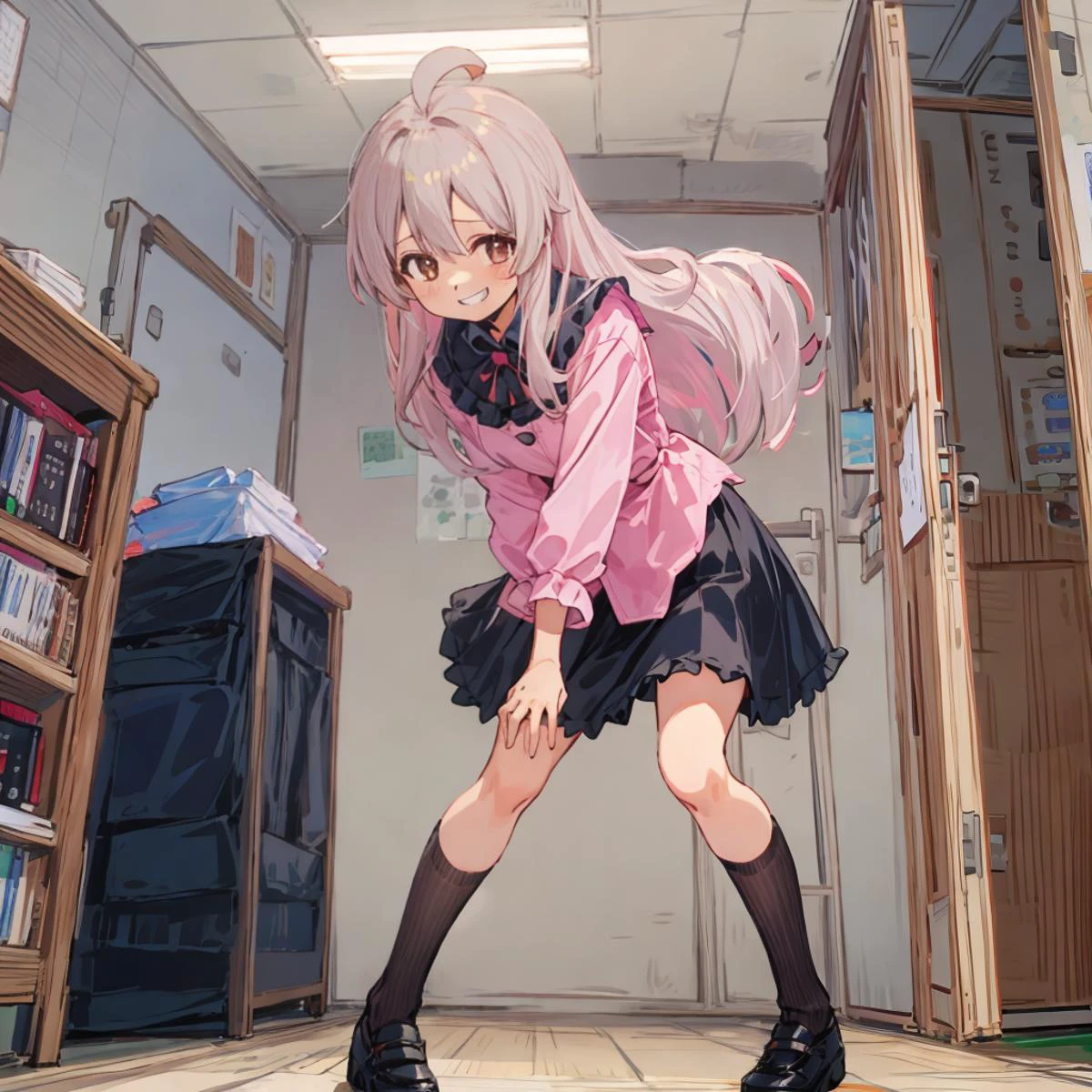 (finely best quality illustration:1.1),
photorealistic background, 8K,
indoors, otaku room,
BREAK
solo,
1girl standding in otaku room
perfect anatomy,
gray hair, long hair,ahoge,
brown eyes, looking at viewer,
grin,
small breasts,
jirai kei, pink ruffles shirt, black skirt,
open legs, thin legs,
wide shot,
(textless_version:1.1), ANISCREEN,