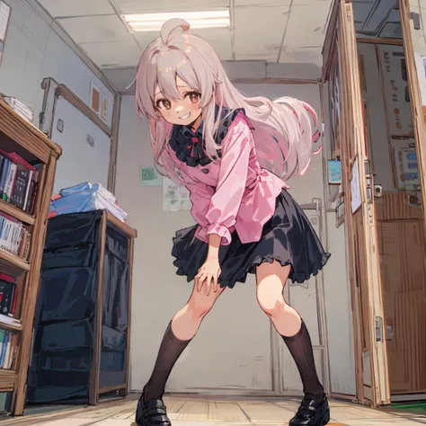 (finely best quality illustration:1.1),
photorealistic background, 8K,
indoors, otaku room,


BREAK

solo,
1girl standding in otaku room
perfect anatomy,

gray hair, long hair,ahoge,
brown eyes, looking at viewer,

grin,


small breasts,
jirai kei, pink ruffles shirt, black skirt,

open legs, thin legs,

wide shot,
(textless_version:1.1), ANISCREEN,