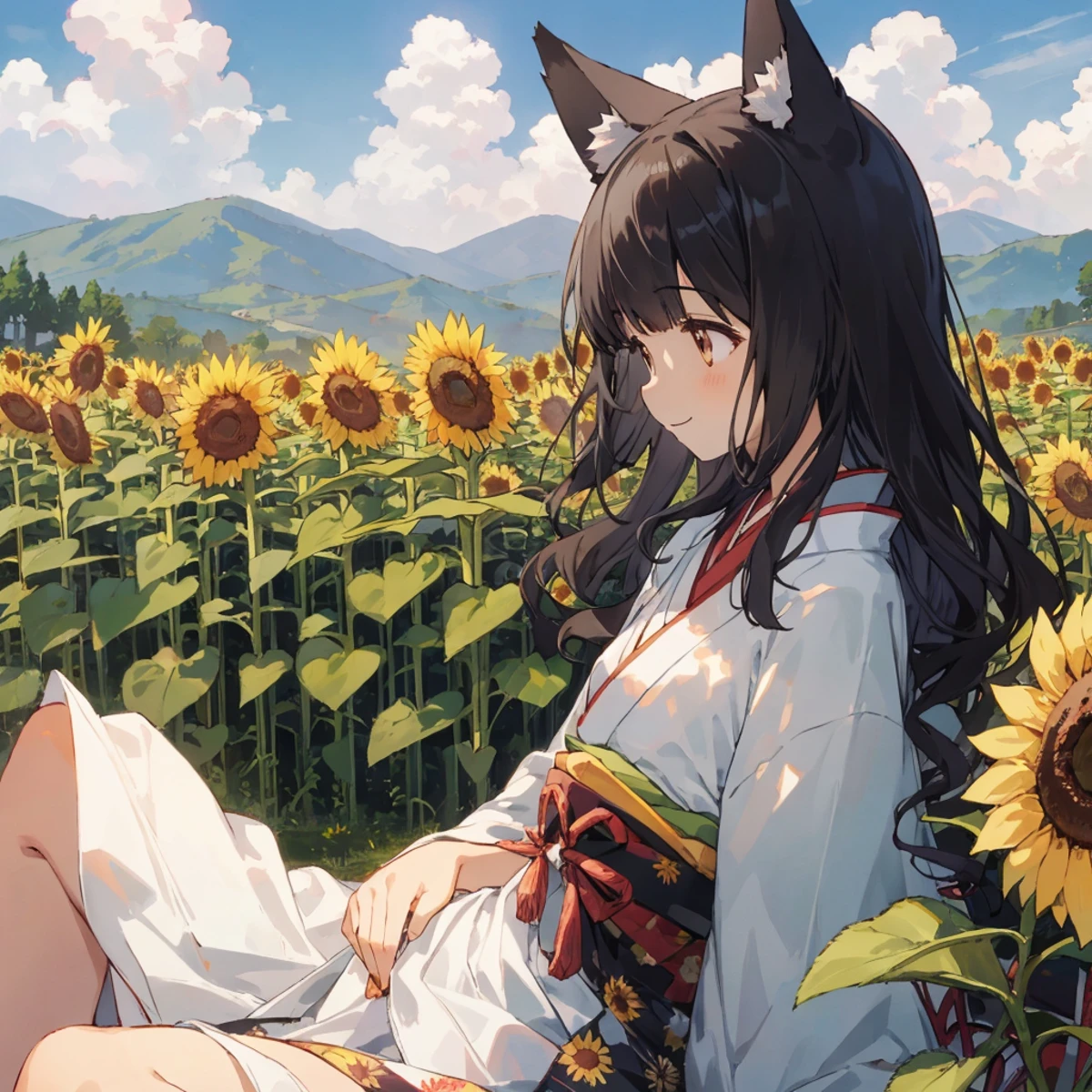 (finely best quality illustration:1.1), photo-realistic background, (depth of field, out of focus:0.8), outdoors, summer, sunflower field BREAK solo, , 1girl sitting,(mesugaki:1.1), black hair, fox girl, fox ears , asymmetrical bangs, wavy medium hair, flat chest, small breasts, clear __color-eyes__, happy smile , japanese cloth, kimono, open legs wide, spread thigh, side view, from side, upper body