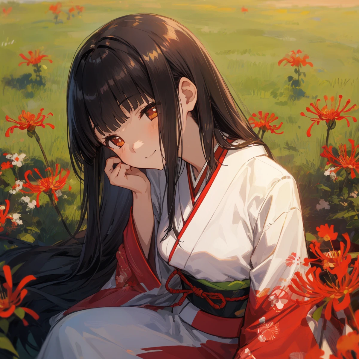 (finely best quality illustration:1.1), photo-realistic background, (depth of field, out of focus:1.15), outdoors, summer, red spider lily field BREAK solo, , 1girl sitting, profile, high-detailed hair, shiny black hair, blunt bangs, straight long hair, small breasts, eyes visible through hair, (closed:1.1) dark brown eyes, (empty eyes, no pupils:1.1), sleepy, smile, half-closed mouth, head tilt, japanese cloth, kimono, head on, from above , floating Small light Particles