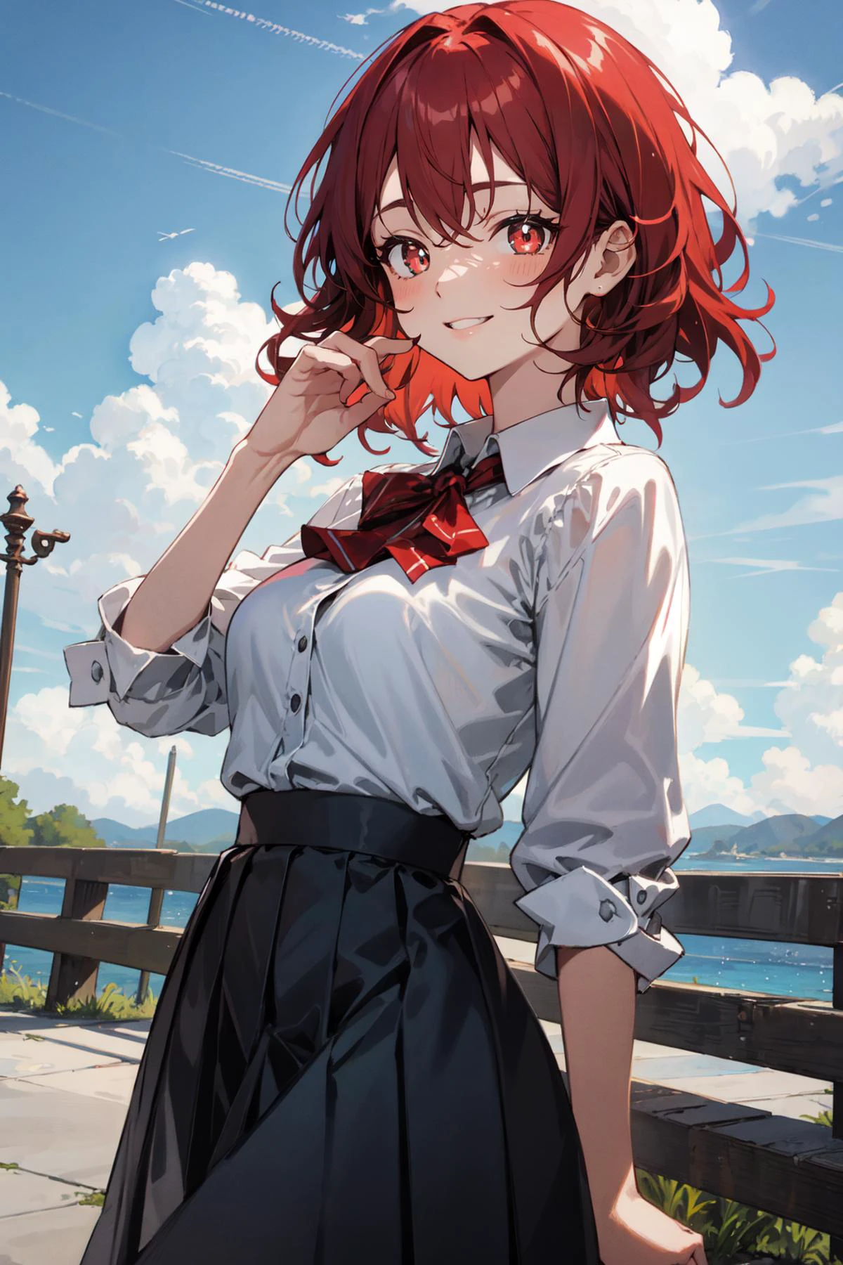 (masterpiece),(best quality),highres,highly detailed,an extremely delicate and beautiful,full body,cowboy shot,
1 girl,solo,beautiful red eyes,ruby textured eyes,sparkling pupils,(smiley and round eyes),pale red hair,(short hair),(wavy hair ends),[tiny:medium:0.7] breasts,(hand by Guido Daniele),
standing,blouse,red pleated skirt,blue sky,outdoors,