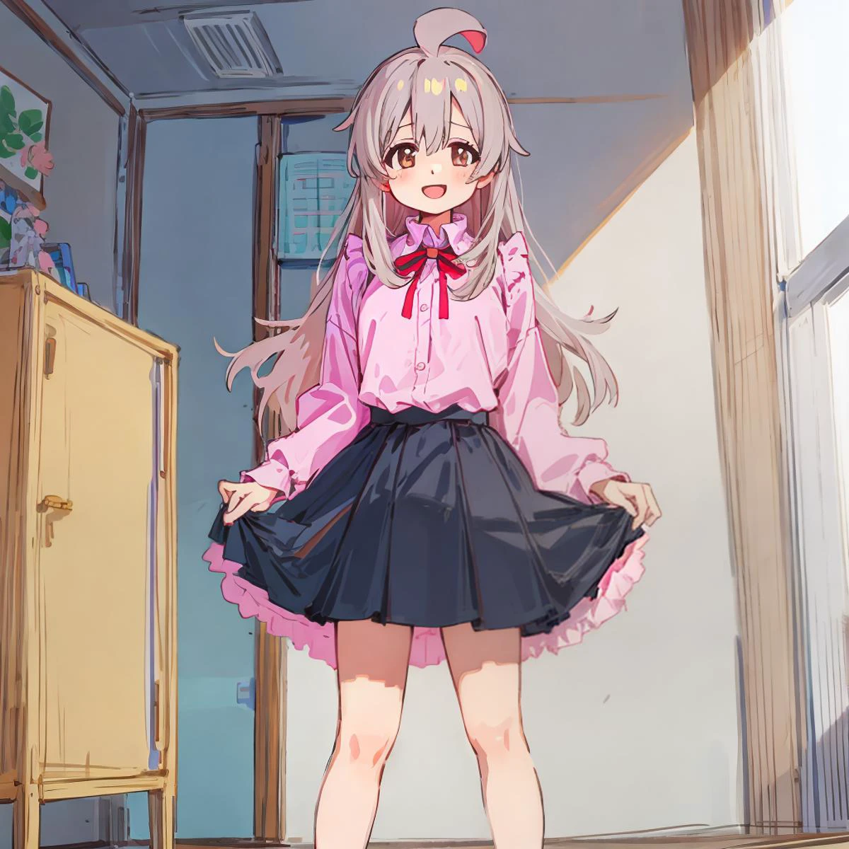 (finely best quality illustration:1.1),
photorealistic background, 8K,
indoors, otaku room,
BREAK
solo,
1girl standding in otaku room
perfect anatomy,
gray hair, long hair,ahoge,
brown eyes, looking at viewer,
smile, open mouth,
small breasts,
jirai kei, pink ruffles shirt, black skirt,
open legs, thin legs,
wide shot,
(textless_version:1.1), ANISCREEN,