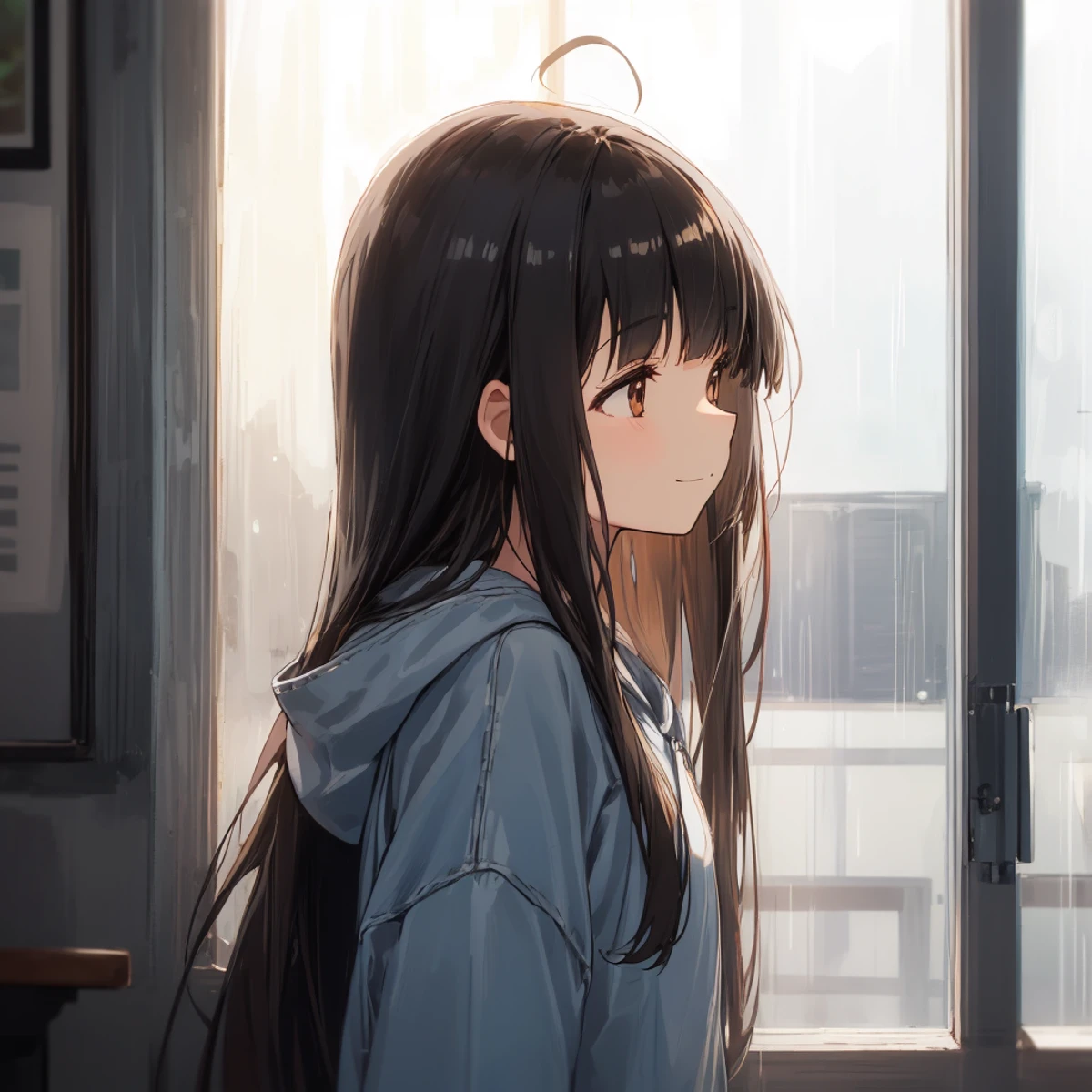 (finely best quality illustration:1.1), photo-realistic background, (depth of field, out of focus:1.15), indoors, cafe, Rainy townscape through the window, rain hitting a window BREAK solo, 16YO, 1girl walking, profile, high-detailed hair, shiny black hair, blunt bangs, straight long hair, flat chest, small breasts, eyes visible through hair, (closed:1.1) dark brown eyes, (empty eyes, no pupils:1.1), sleepy, smile, half-closed mouth, head tilt, put hood, torn hoodie, denim short shorts , side view, from side, upper body , floating Small light Particles