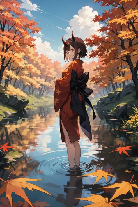 (finely best quality illustration:1.1), photorealistic background, 8K, textless version, BREAK solo, 1girl standing in pond, kawaii, oni, 2horns, underwater shot, full_body, petite, perfect anatomy, brown hair, hime_cut, half-closed red eyes, looking_away, smile, small breasts, red kimono, japanese clothes, close-up, outdoors, bloom, flowing clouds and blue sky, river, in autumn, (autumn maple forest:1.3), (very few fallen leaves),