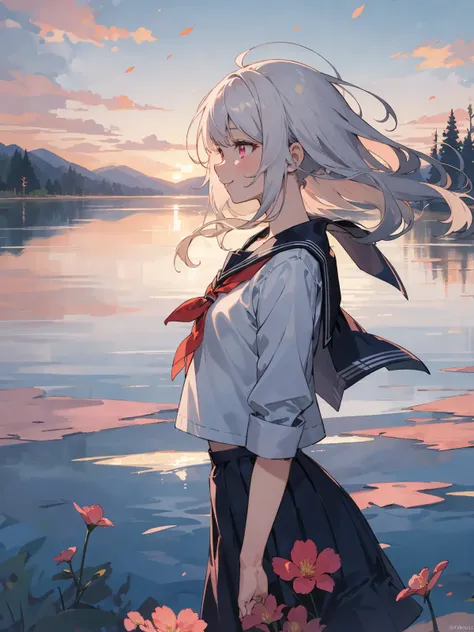 (finely best quality illustration:1.1), photorealistic background, 8K, textless version, BREAK solo, 1girl walking_on_lake, profile, (early teen, mesugaki:1.2), perfect anatomy, white hair, undercut, silky hair, pink eyes, looking_away, smile, small breasts, school_uniform, serafuku, outdoors, flowing clouds and blue sky, bloom, lake, mirror surface, from side,