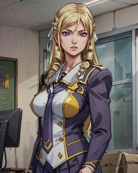 morimoto_leona, drill hair, school uniform, large breasts, <lora:morimoto_leona_v2:0.8>, blonde_hair, purple_eyes, masterpiece, best quality, femdom, 4k, hi-res,
