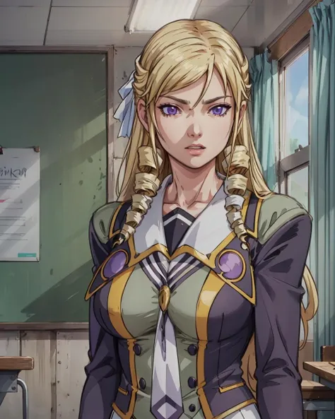 morimoto_leona, drill hair, school uniform, large breasts, <lora:morimoto_leona_v2:0.8>, blonde_hair, purple_eyes, masterpiece, best quality, femdom, 4k, hi-res,