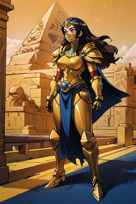 1kaijin, (full_body:1.2), solo, outdoors, street, city, dynamic pose
1girl, egyptian, golden mask, black hair, armor, breasts, gold armor, standing, long hair,
(masterpiece, best_quality:1.3), (realistic:1.3), photorealistic,
<lora:kaijin_v5-000018:0.8>