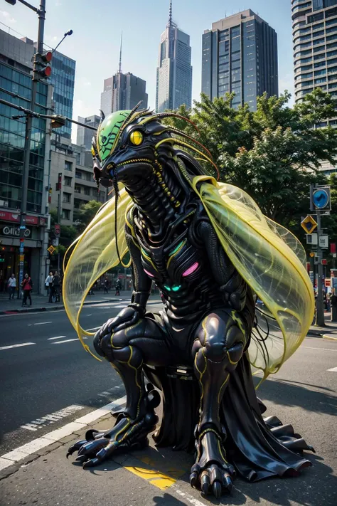 1kaijin, full_body, solo, yellow_eyes, no_humans, outdoors, street, city, cars, people,
bug, insect_wings, alien,
<lora:kaijin_v4_mix:1>
(masterpiece, best_quality:1.3), (realistic:1.3), photorealistic,