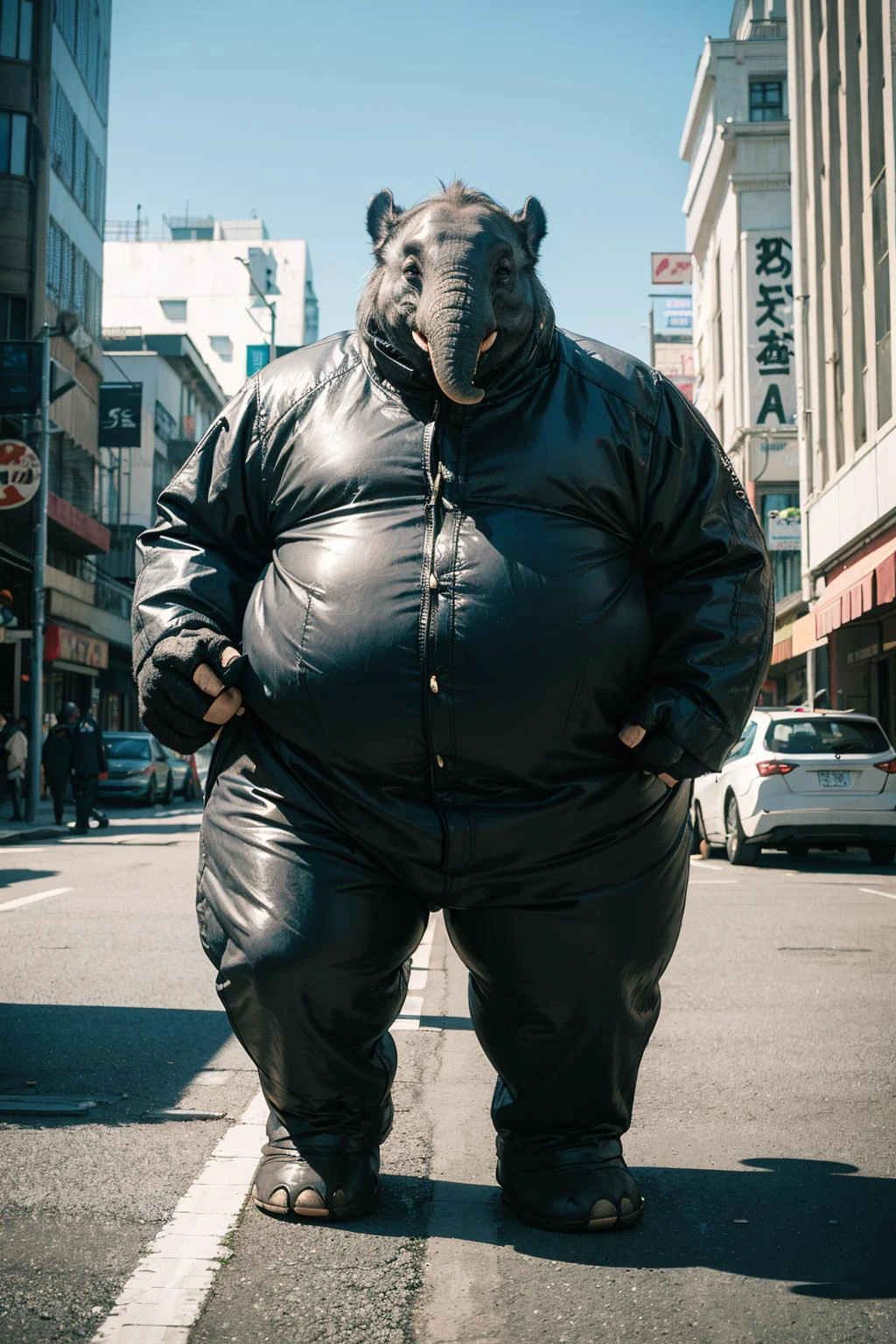 (1kaijin:1.2), (full_body:1.2), solo, (no_humans:1.2), outdoors, street, city, cars, people,
elephant, fat, daytime
<lora:kaijin_v4_mix:1>,, best quality, photo realistic
