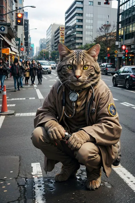 1kaijin, full_body, solo, yellow_eyes, no_humans, outdoors, street, city, cars, people,
cat head, flame, doctor, blood, stethoscope,
<lora:kaijin_v1_mix:1>
(masterpiece, best_quality:1.3), (realistic:1.3), photorealistic,