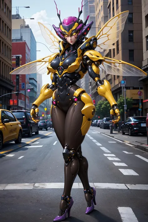 1kaijin, full_body, solo, yellow_eyes, no_humans, outdoors, street, city, cars, people,
bug, insect_wings, alien, medium_breasts, high_heels, (robot_joints:1.2), (pantyhose:1.2), colorful,
(masterpiece, best_quality:1.3), (realistic:1.3), photorealistic,
<lora:kaijin_v5-000018:0.8>