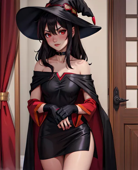 megumin, 1girl, bare shoulders, black cape, black gloves, black hair, blush, cape, choker, collarbone, dress, hair between eyes, hat, long sleeves, looking at viewer, medium hair, off-shoulder dress, off shoulder, red dress, red eyes, sidelocks, solo, witch hat, indoors