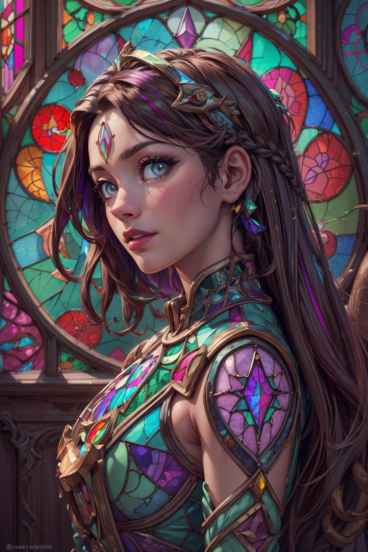 (masterpiece ,high quality, best quality, detailed), hd, perfect lighting, <lora:add_detail:0.8>,
<lora:GoodHands-beta2:0.8>,
1 girl, adult (elven:0.7) woman, grey eyes, chestnut fishtail braid,
portrait, solo, from side, side view, upper body, looking at viewer, detailed background, detailed face, (<lora:DecorationBundlev2:0.6>, stainedglassai, stained glass theme:1.1) starfarer, zodiac, horoscope, calm, taurus, esoteric patterns, astral energy, bright light green lights, cosmic light, aura, bloom, weightlessness, backlighting, cosmic space background, esoteric atmosphere,